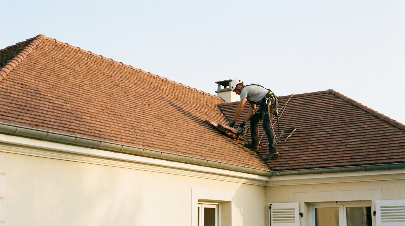 Illustration d’une intervention de couverture sur une maison en tuiles