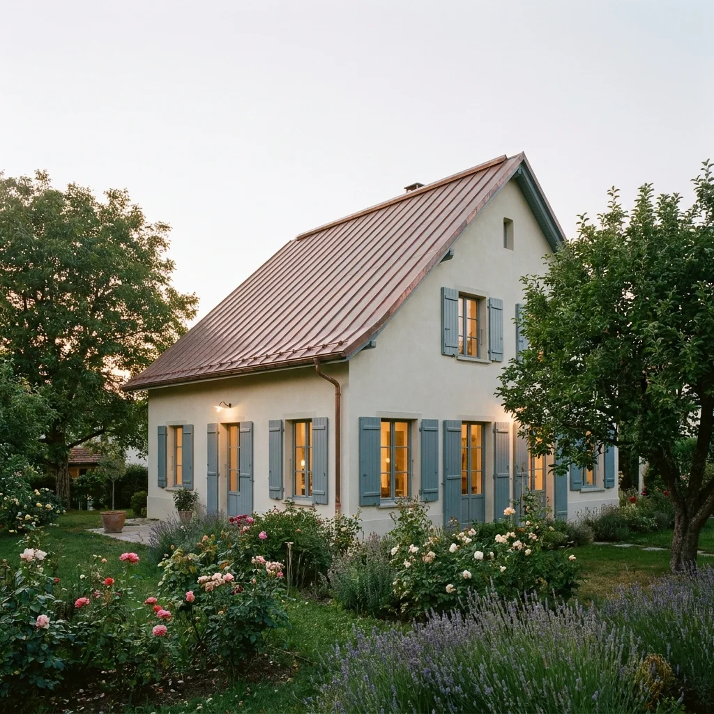 Illustration d’une maison rénovée avec toiture en tuiles et façade crème