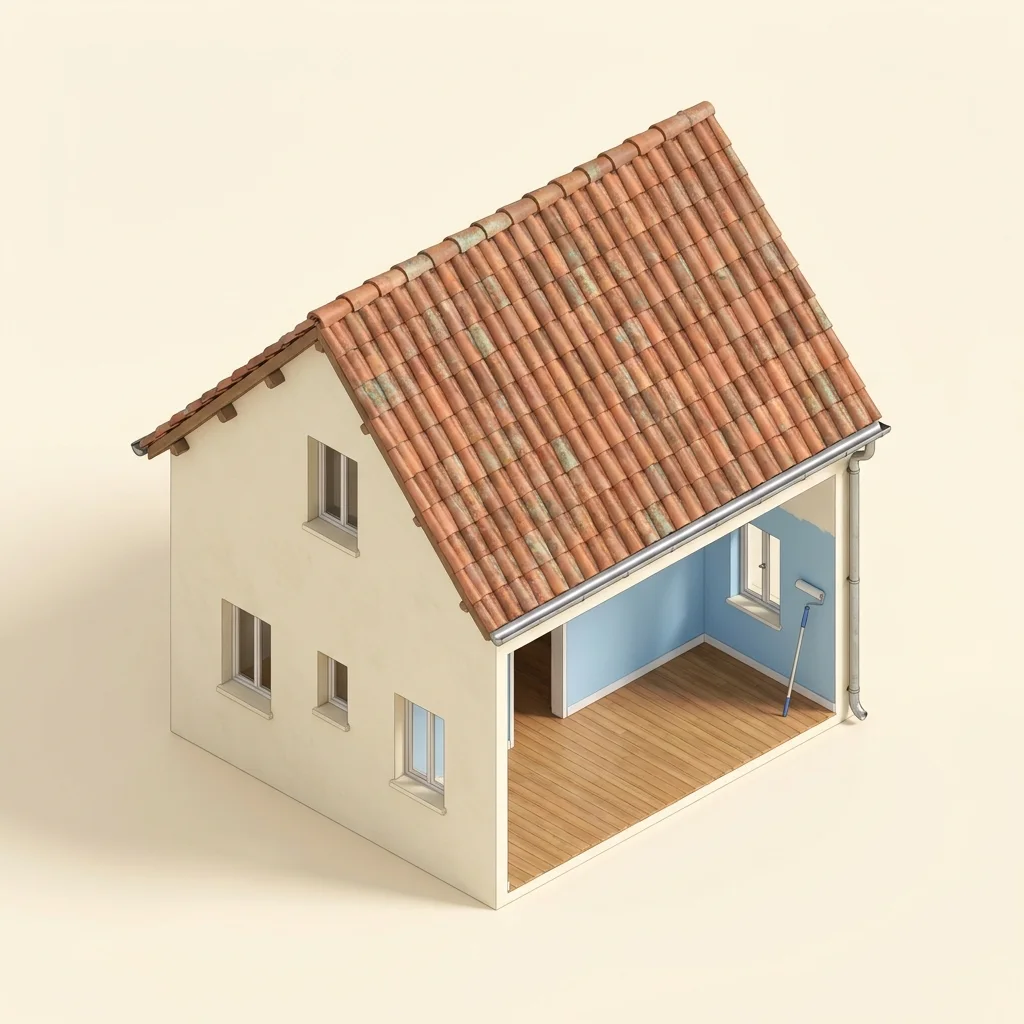 Illustration en coupe d’une maison : toiture, gouttières, façade et pièce intérieure